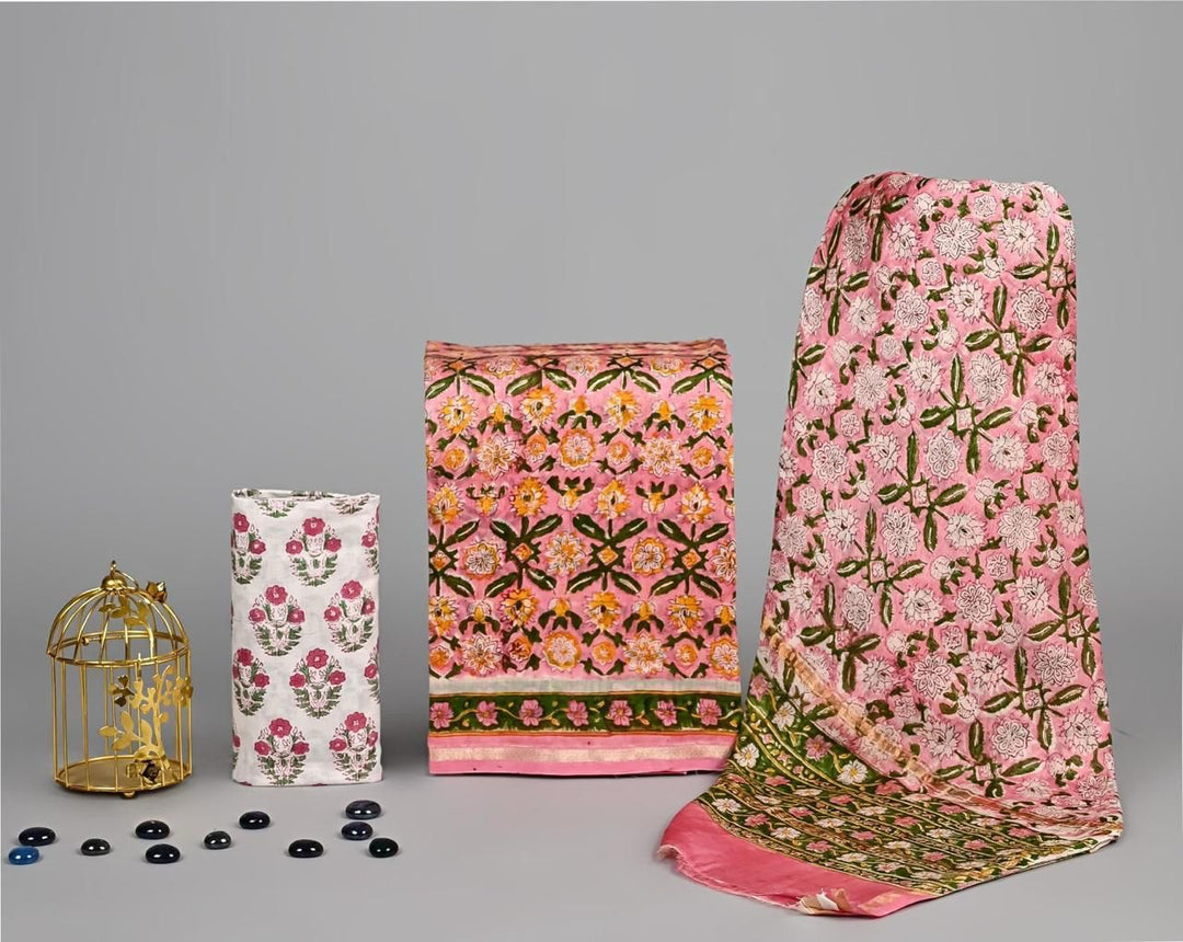 Pure Hand Block Chanderi Silk Unstitched Suit.