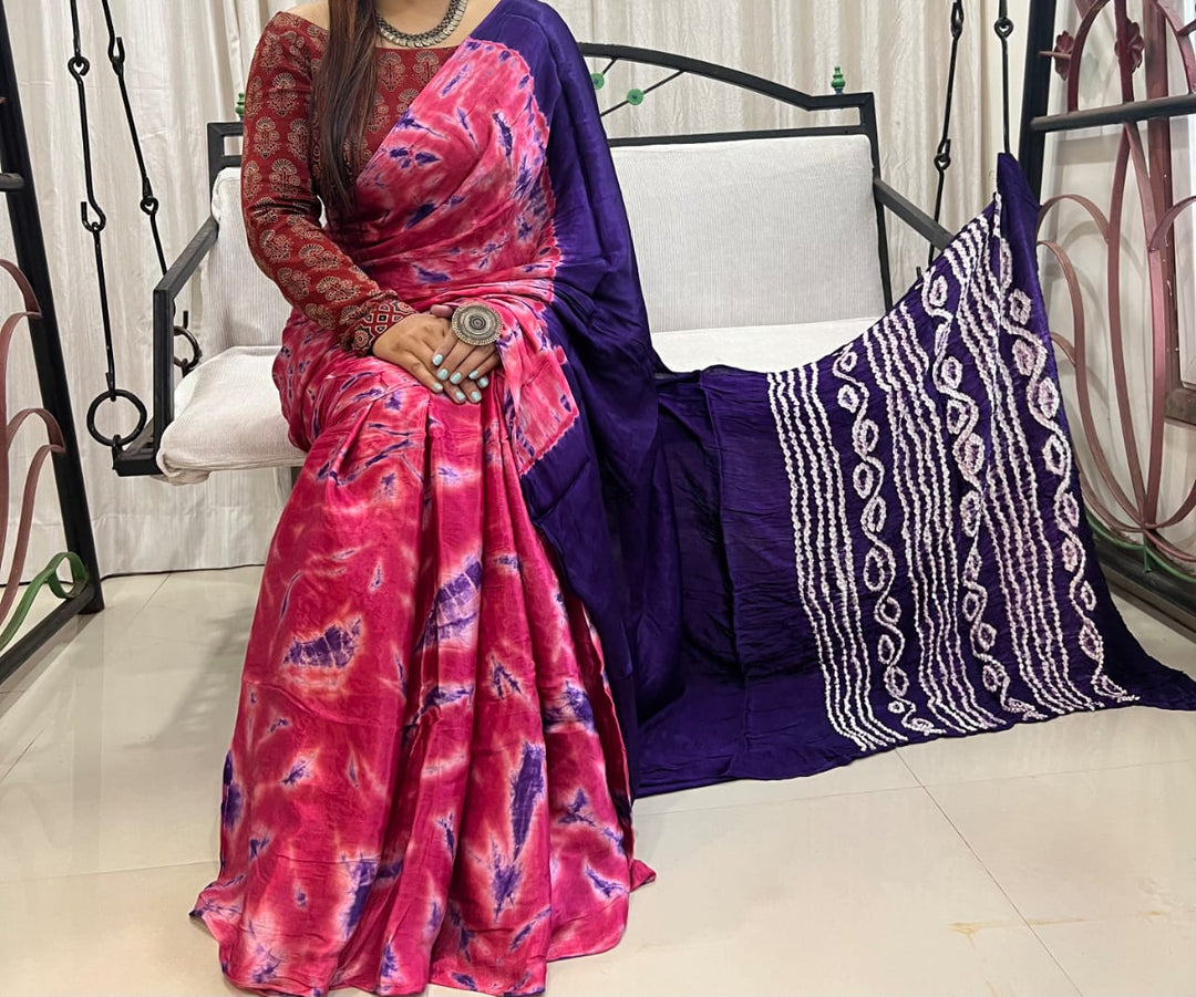 Pure Natural Dyeing Hand Block Tia&Diye Print Modal silk saree.
