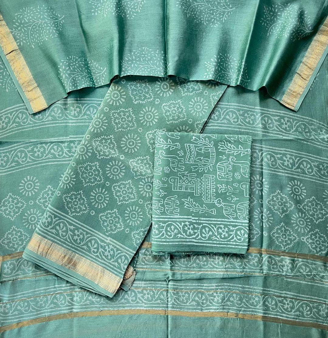 Pure Maheshwari Silk Hand block print Unstitched Suit.
