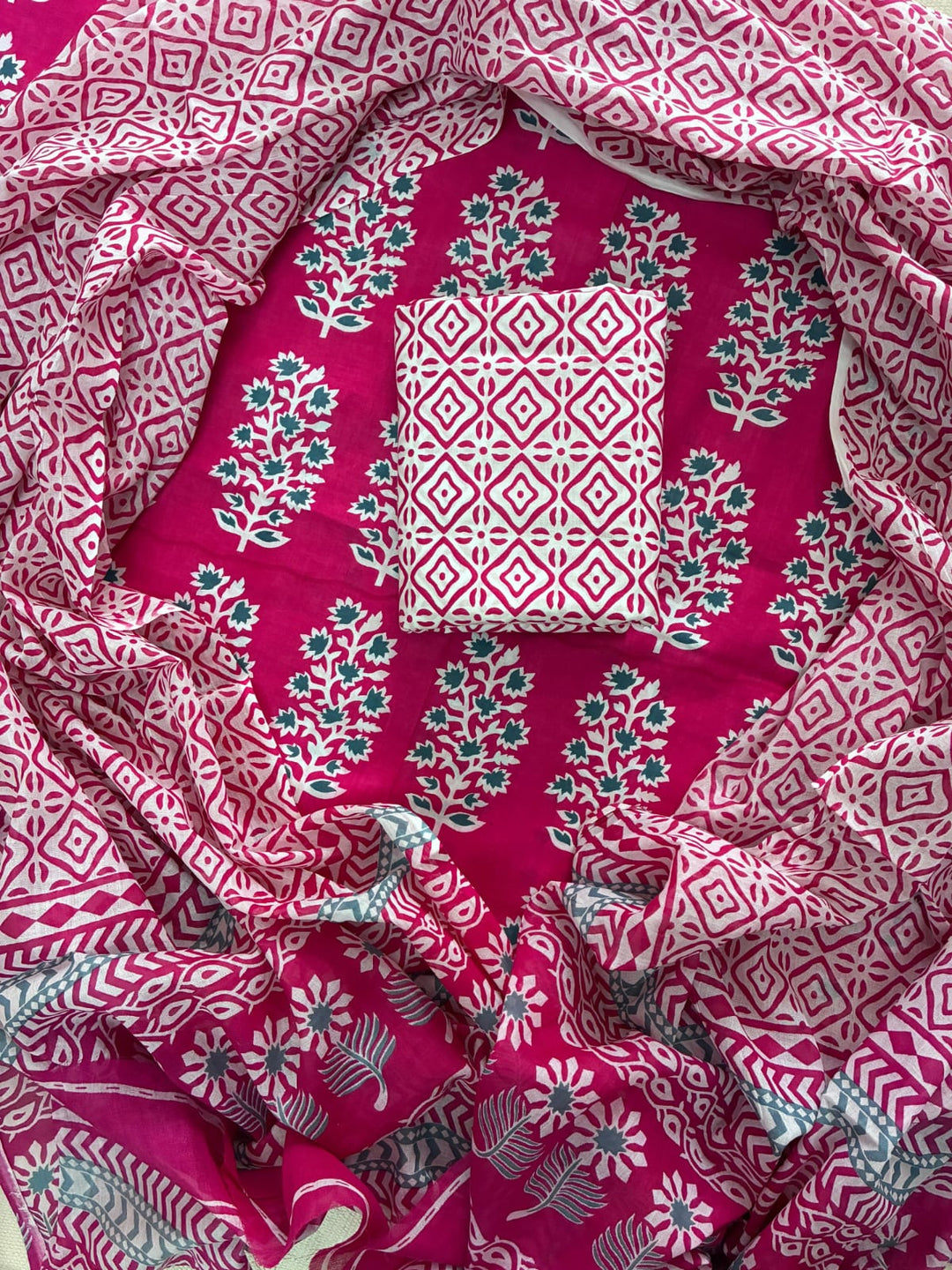 Pure Cotton Hand Block Print Unstitched Suit with Cotton Dupatta.
