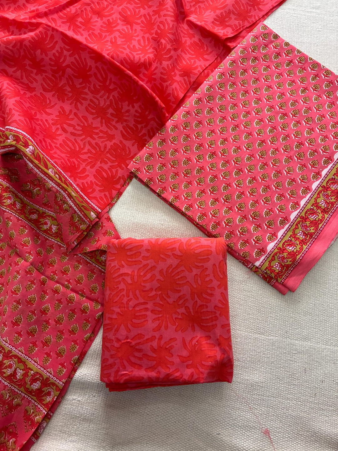 Pure Cotton Hand Block Print Unstitched Suit with Cotton Dupatta.