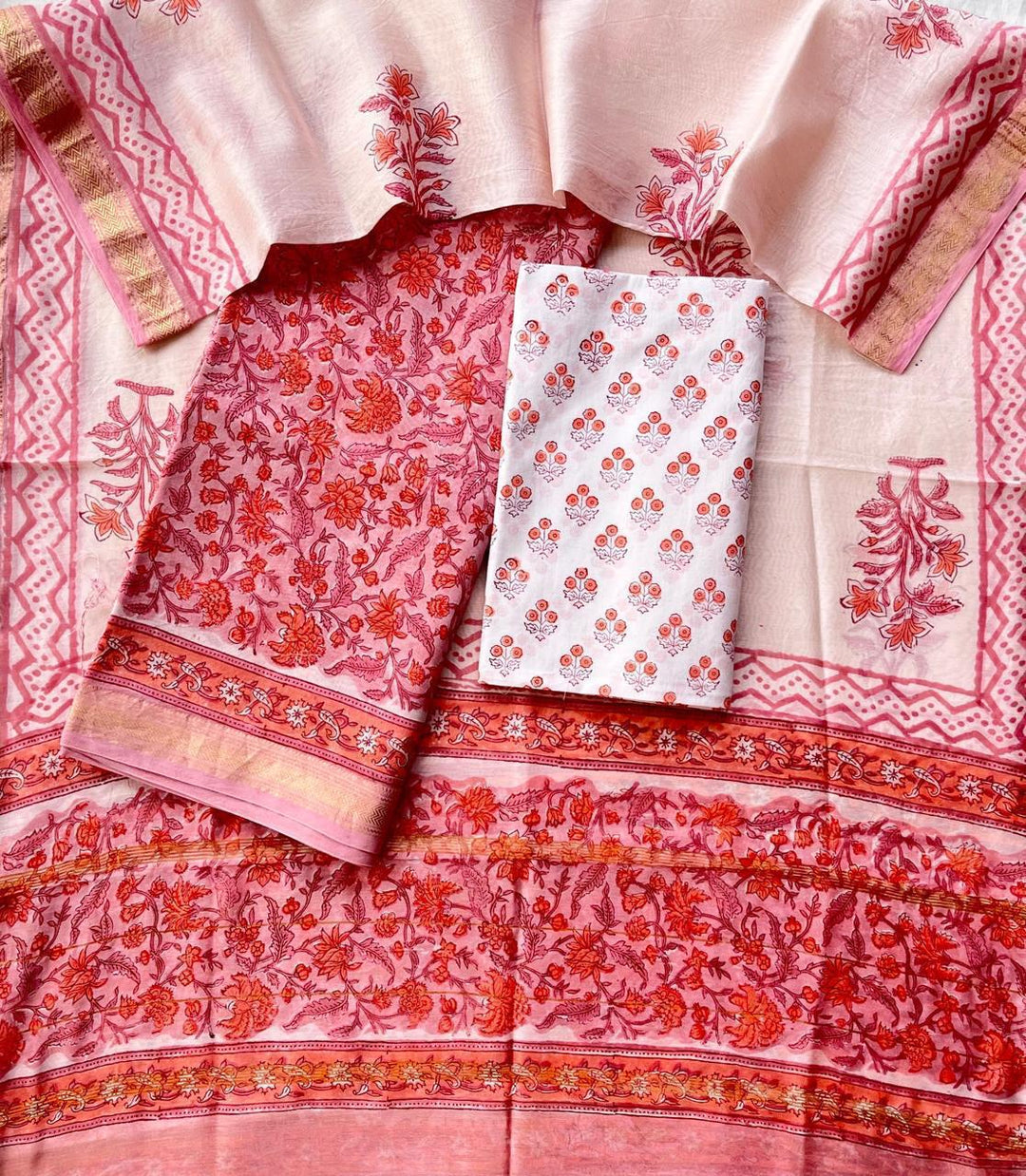Pure Maheshwari Silk Hand block print Unstitched Suit.