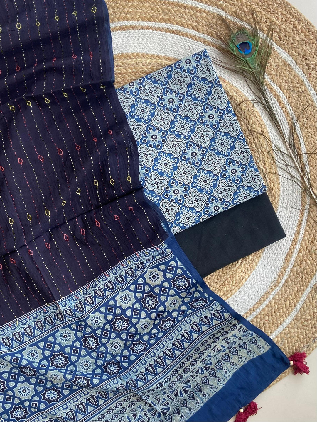 Pure Cotton Azrakh Print Unstitched suit Whit Kantha Work Dupatta