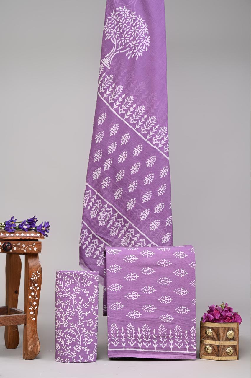 Pure Cotton Hand Block Printed Unstitched Suit Set With Cotton dupatta.