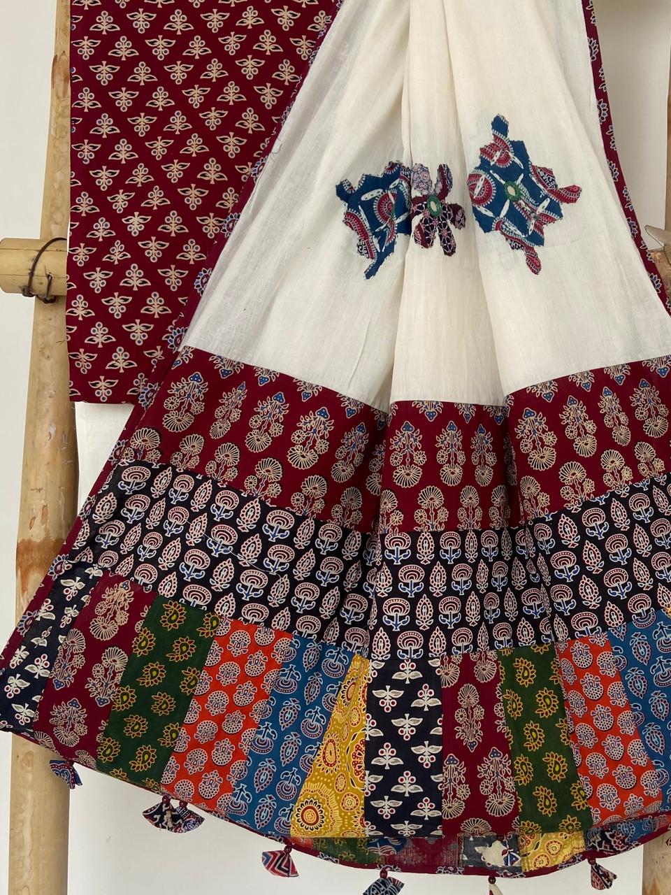Pure Cotton Azrakh Print Unstitched suit Whit Kantha Work Dupatta .
