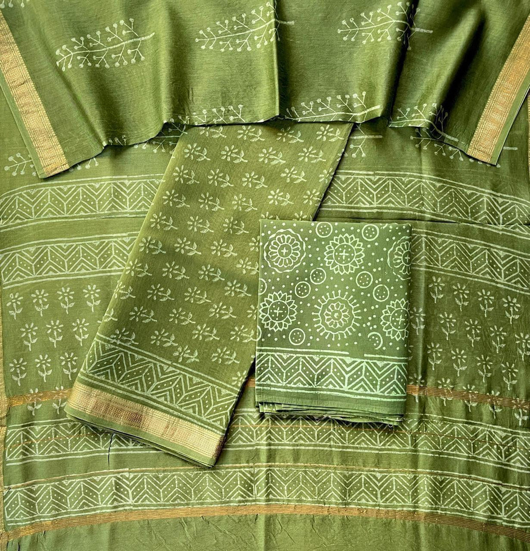 Pure Maheshwari Silk Hand block print Unstitched Suit.