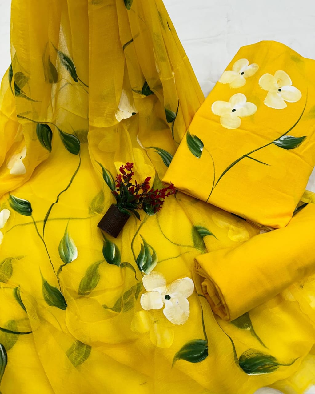 Pure Cotton Hand Block Print Unstitched Suit with chiffon dupatta