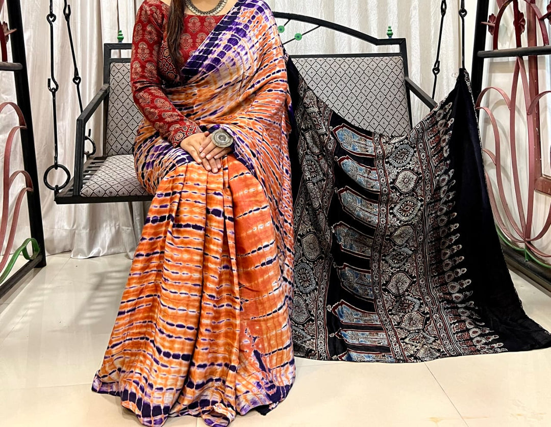 Pure Natural Dyeing Hand Block Print Modal silk saree.
