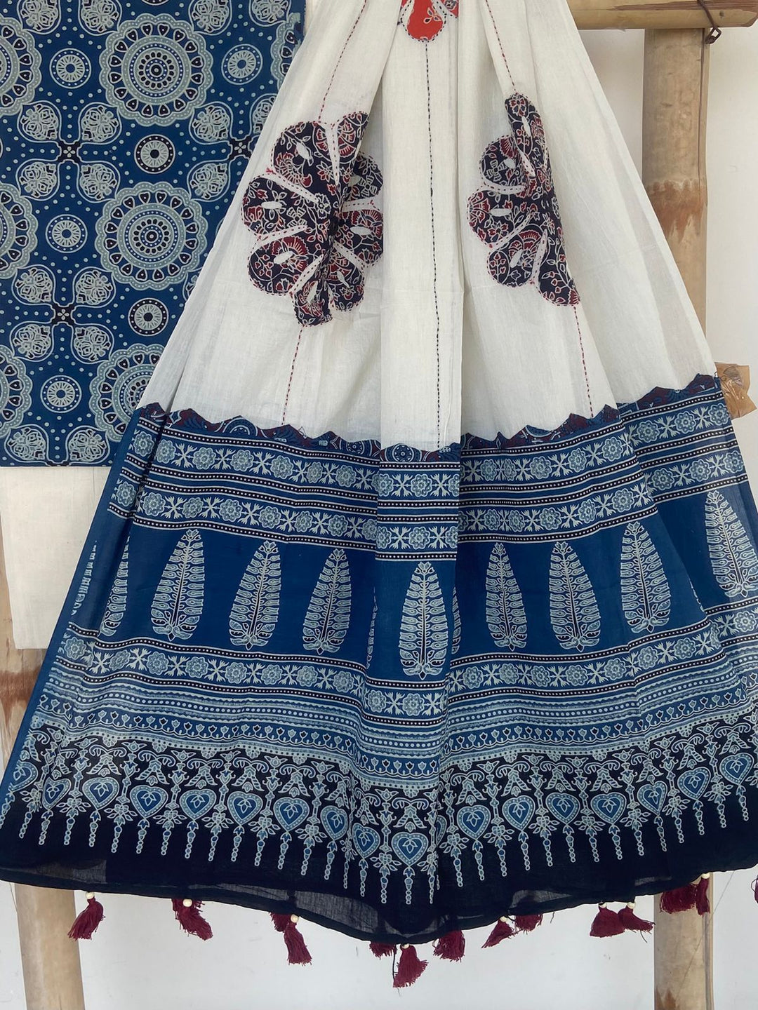 Pure Cotton Azrakh Print Unstitched suit Whit Patch Work Dupatta .