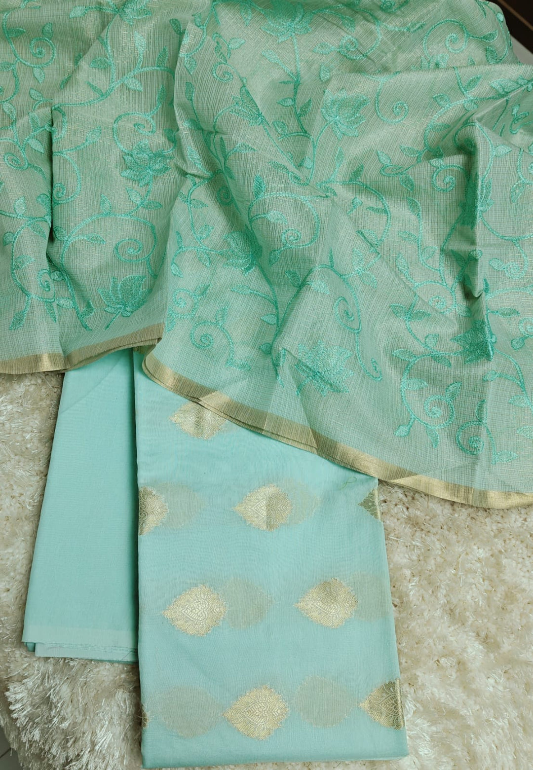 Pure Banarasi Chanderi Silk Zari Work Unstitched Suit With  Silk Chikaznkari Work Dupatta.
