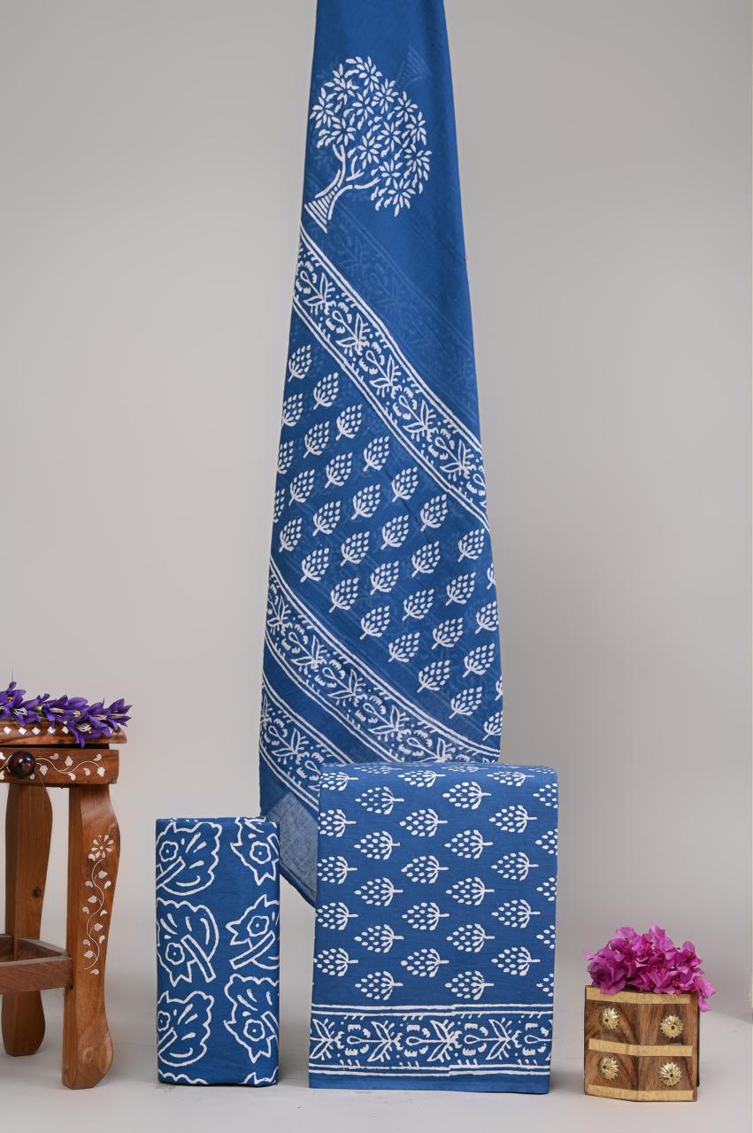 Pure Cotton Hand Block Printed Unstitched Suit Set With Cotton dupatta