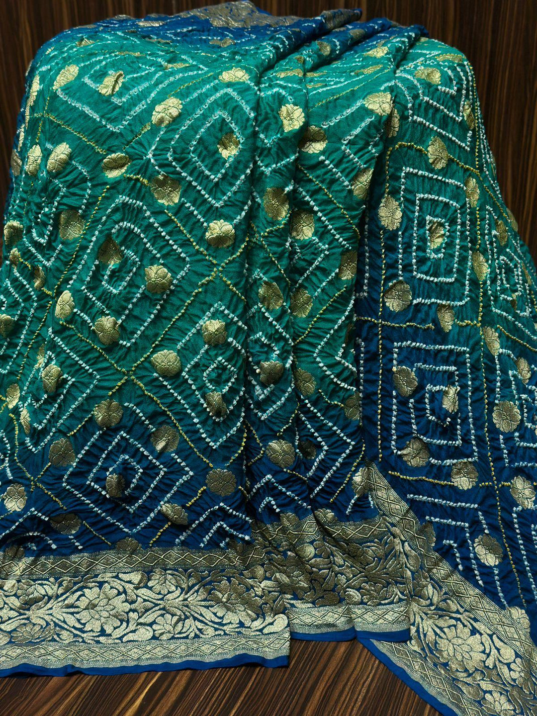 Pure Khaddi Georgette Handloom Neem Zari Work saree With Raiy Bandhej .