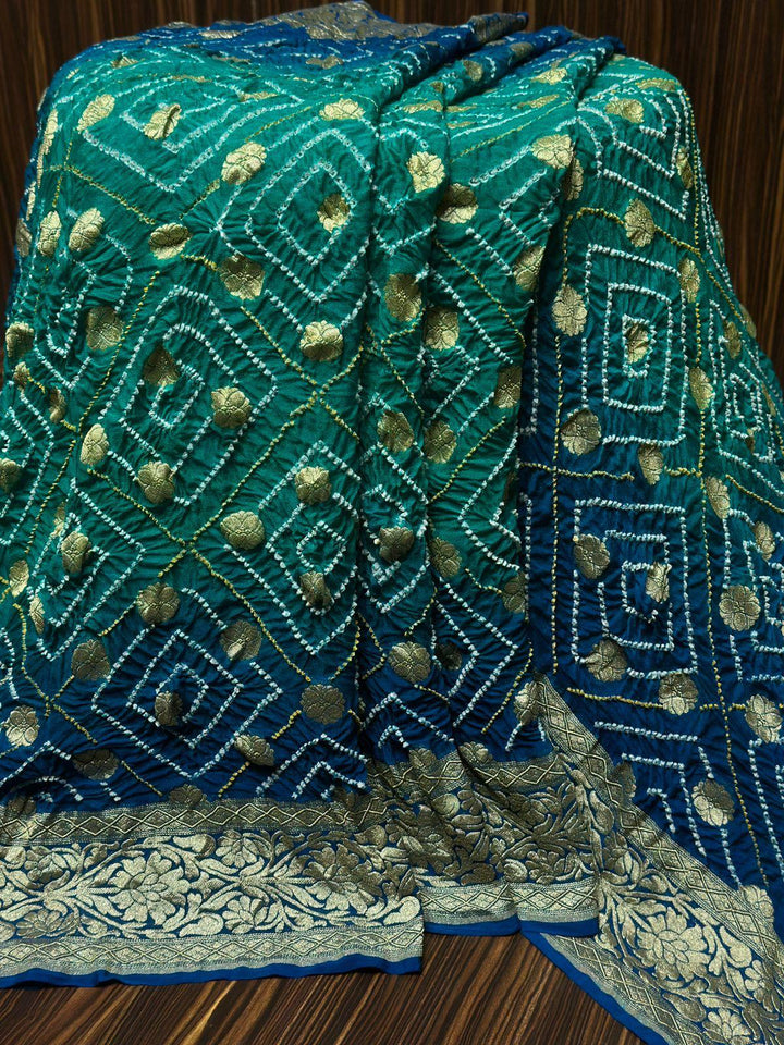 Pure Khaddi Georgette Handloom Neem Zari Work saree With Raiy Bandhej .