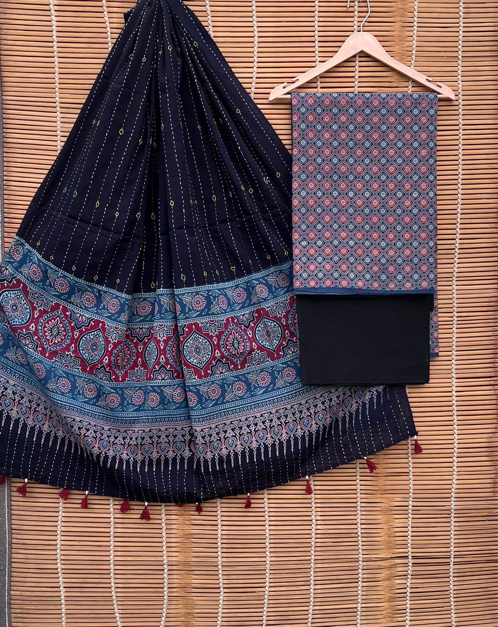 Pure Cotton Azrakh Print Unstitched suit Whit Kantha Work Dupatta.