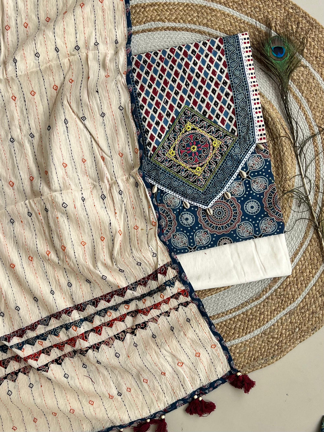 Pure Cotton Azrakh Print Unstitched suit With Patch Work Dupatta