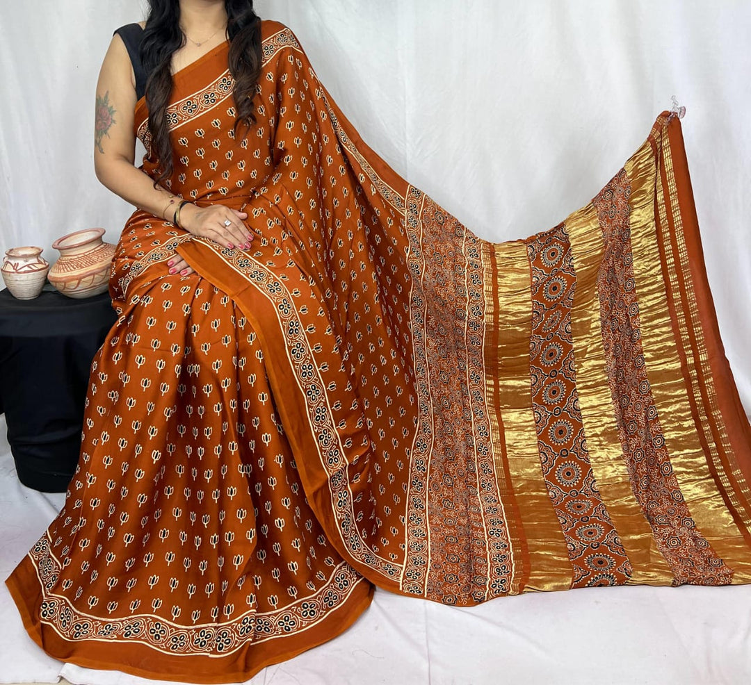 Pure Natural Dyeing Hand Block Print Modal silk saree.