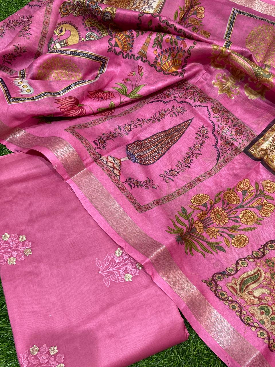 Pure Banarasi Chanderi Embroidery Unstitched Suit With Chanderi Digital Print Dupatta.