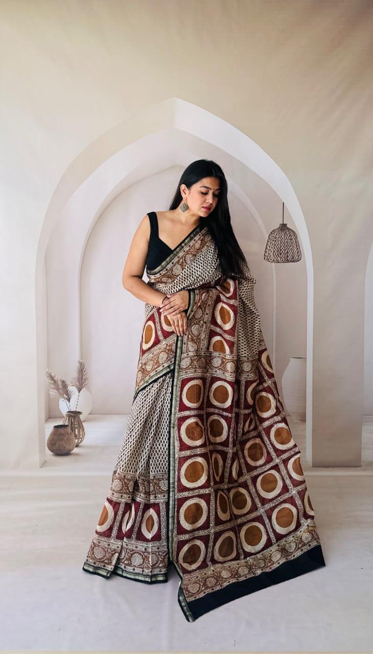 Hand Block Prninted Chanderi Saree .