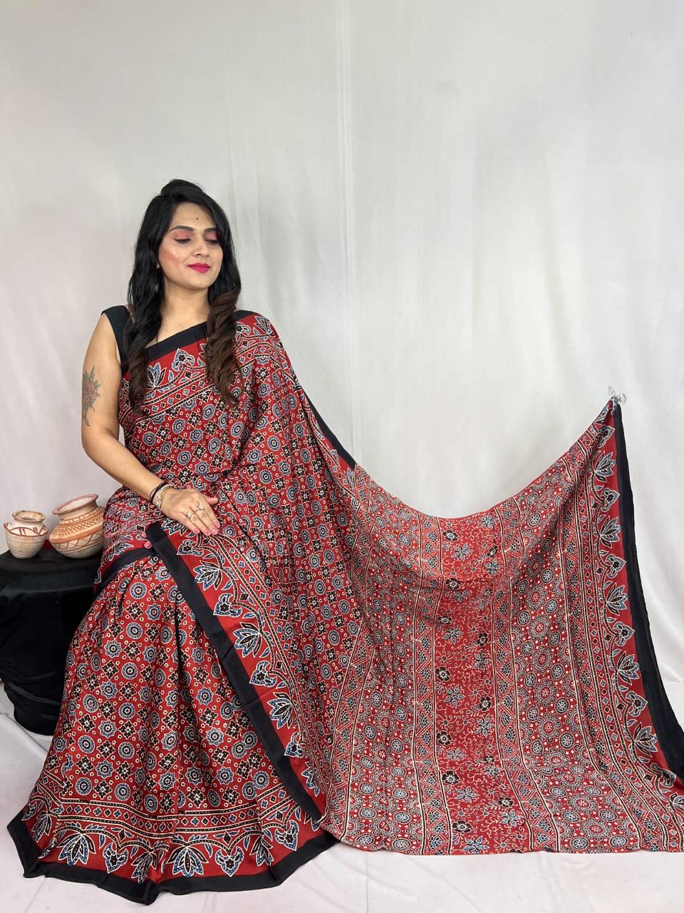 Pure Natural Dyeing Hand Block Ajrakh Print Modal silk saree.