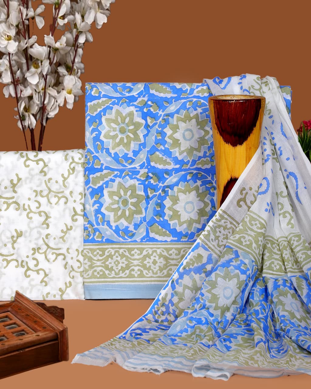 Pure Cotton Hand Block Print Unstitched Suit with Cotton Dupatta.