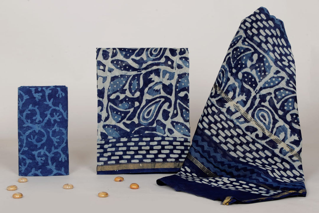 Pure Hand Block Chanderi Silk Unstitched Suit