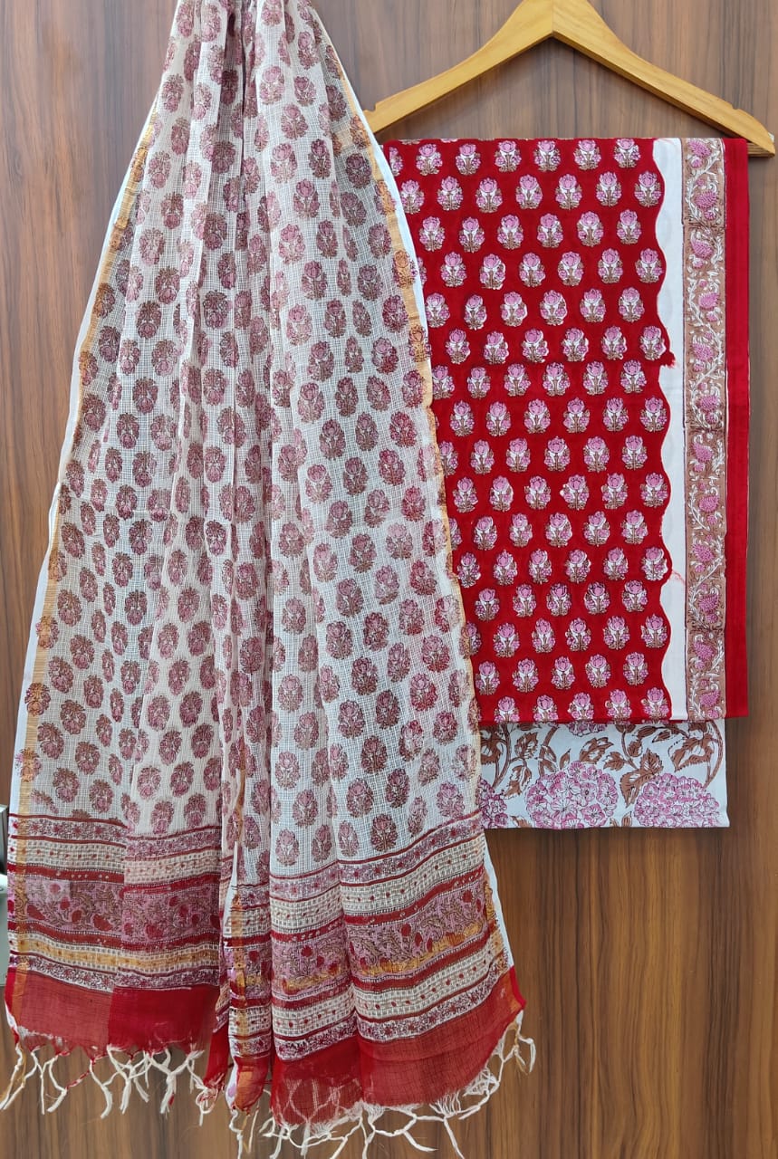 Pure Cotton Hand block print Unstitched Suit with Kota Dupatta .