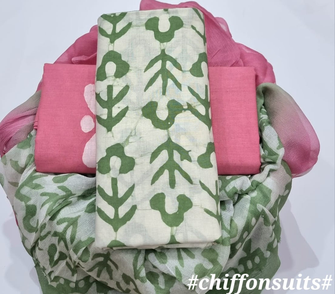 Pure Cotton Hand Block Print Unstitched Suit with chiffon dupatta .