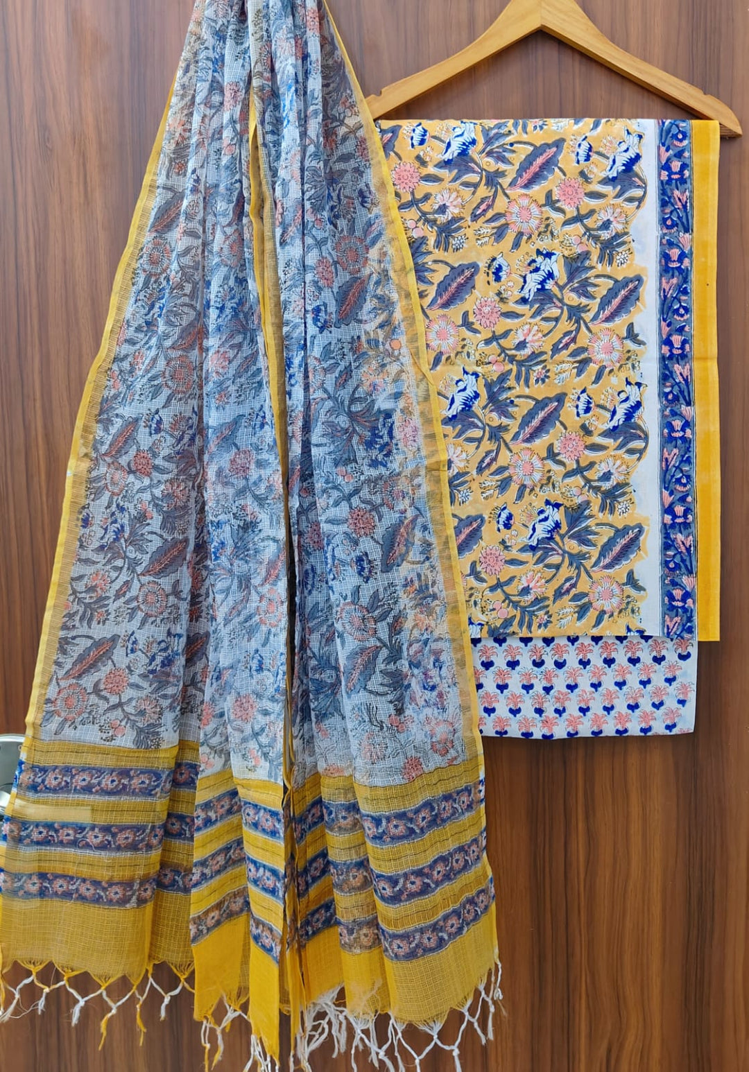 Pure Cotton Hand block print Unstitched Suit with Kota Dupatta .