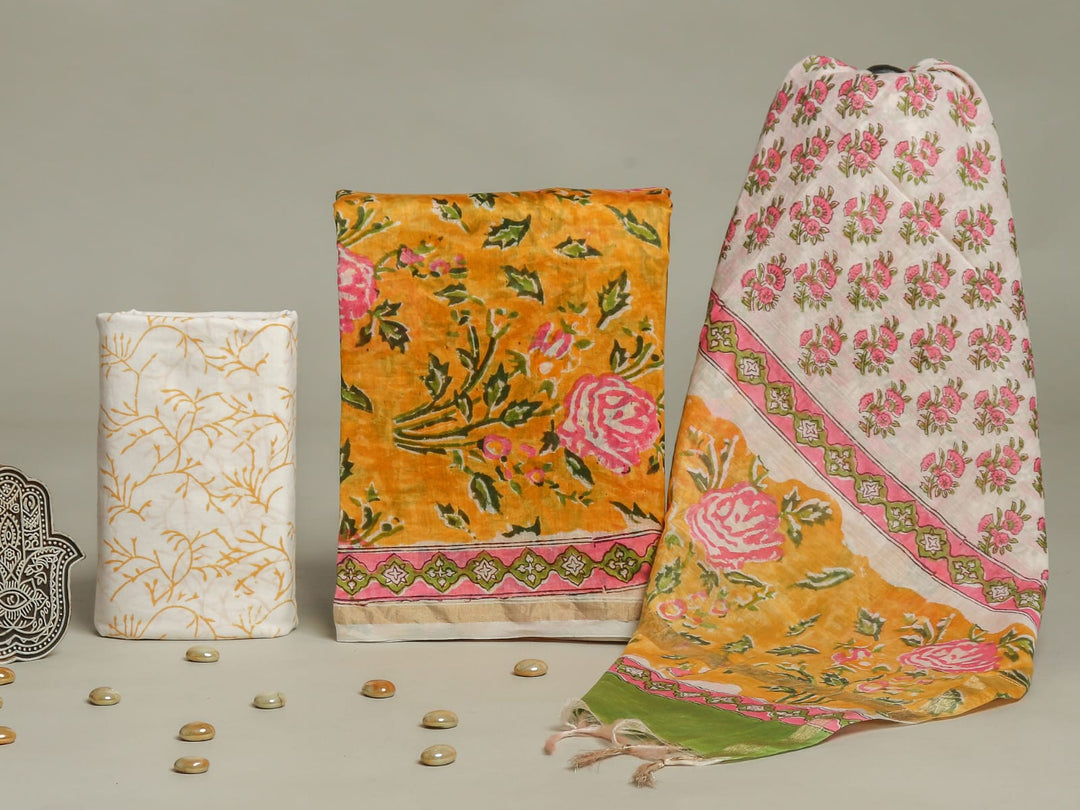 Pure Hand Block Chanderi Silk Unstitched Suit.