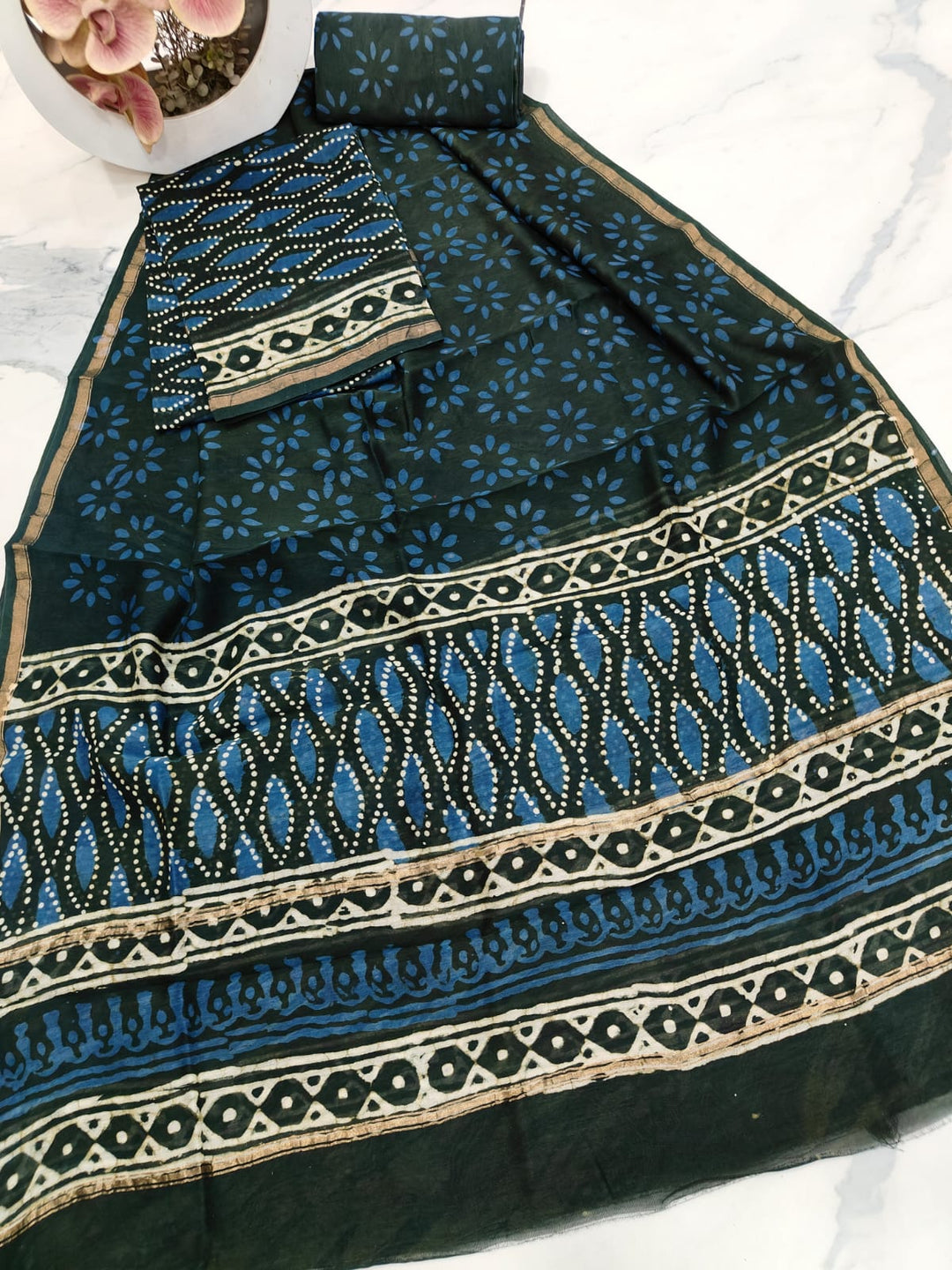 Pure Hand Block Chanderi Silk Unstitched Suit .