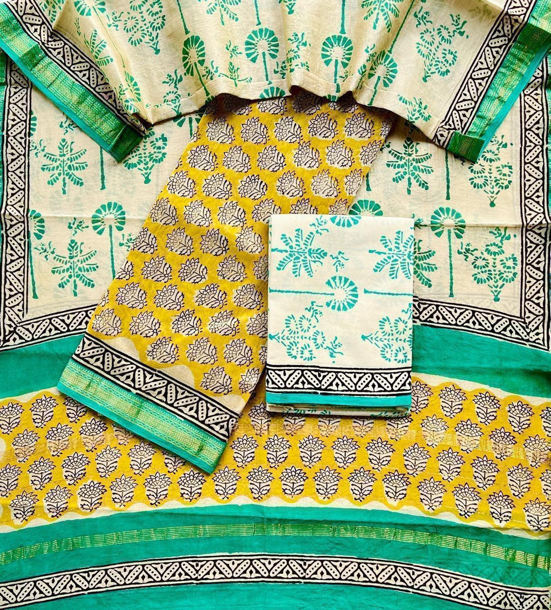 Pure Maheshwari Silk Hand block print Unstitched Suit.
