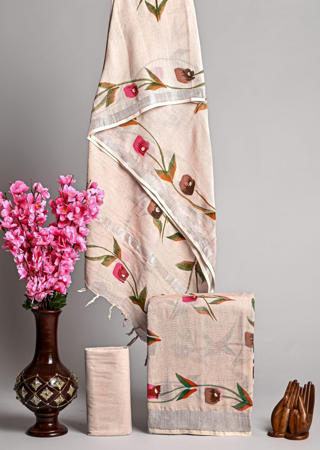 Hand Block Printed Linen Unstitched Suit .