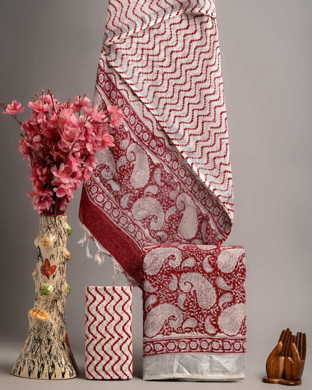 Hand Block Printed Linen Unstitched Suit .