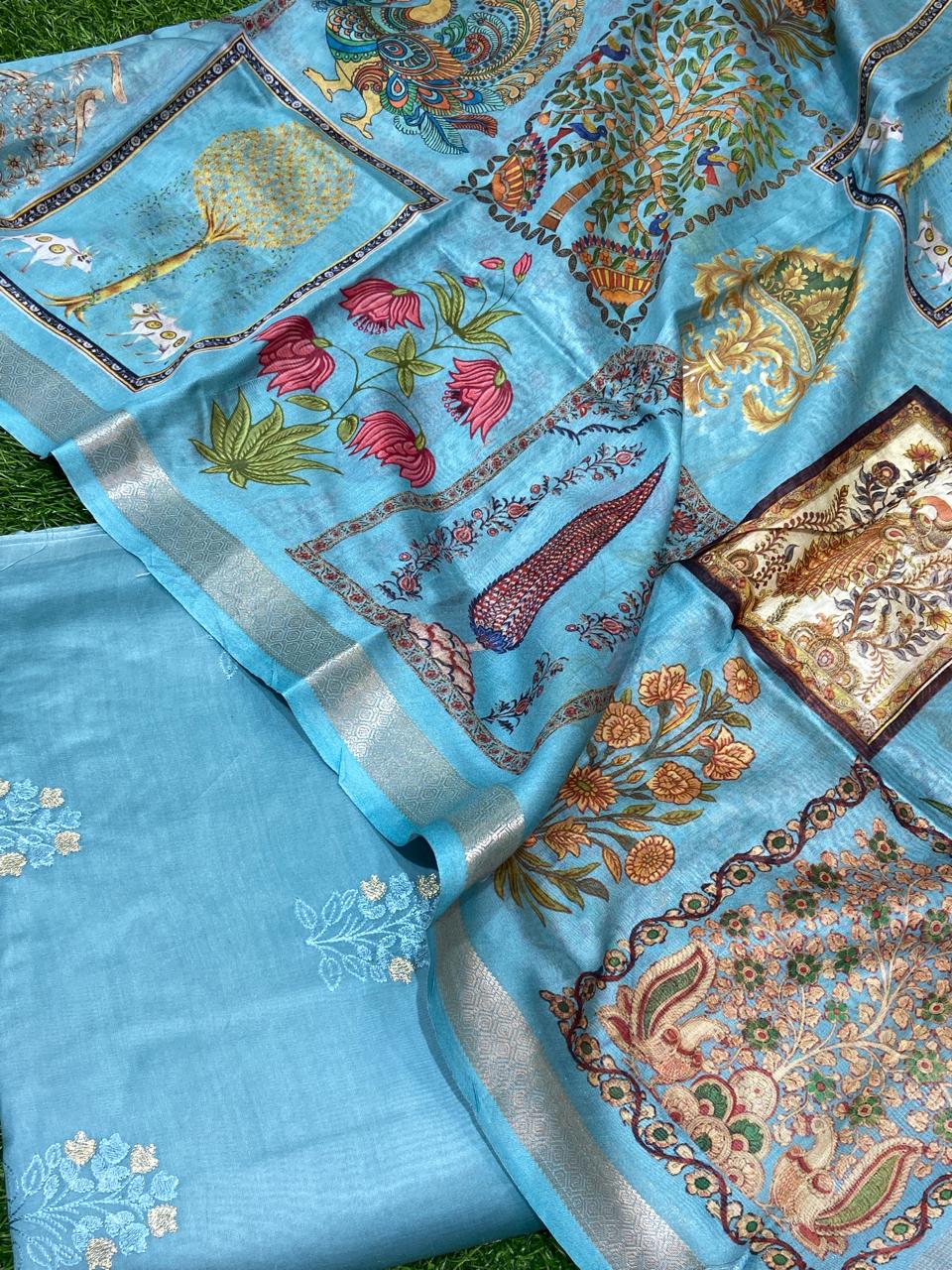 Pure Banarasi Chanderi Embroidery Unstitched Suit With Chanderi Digital Print Dupatta.
