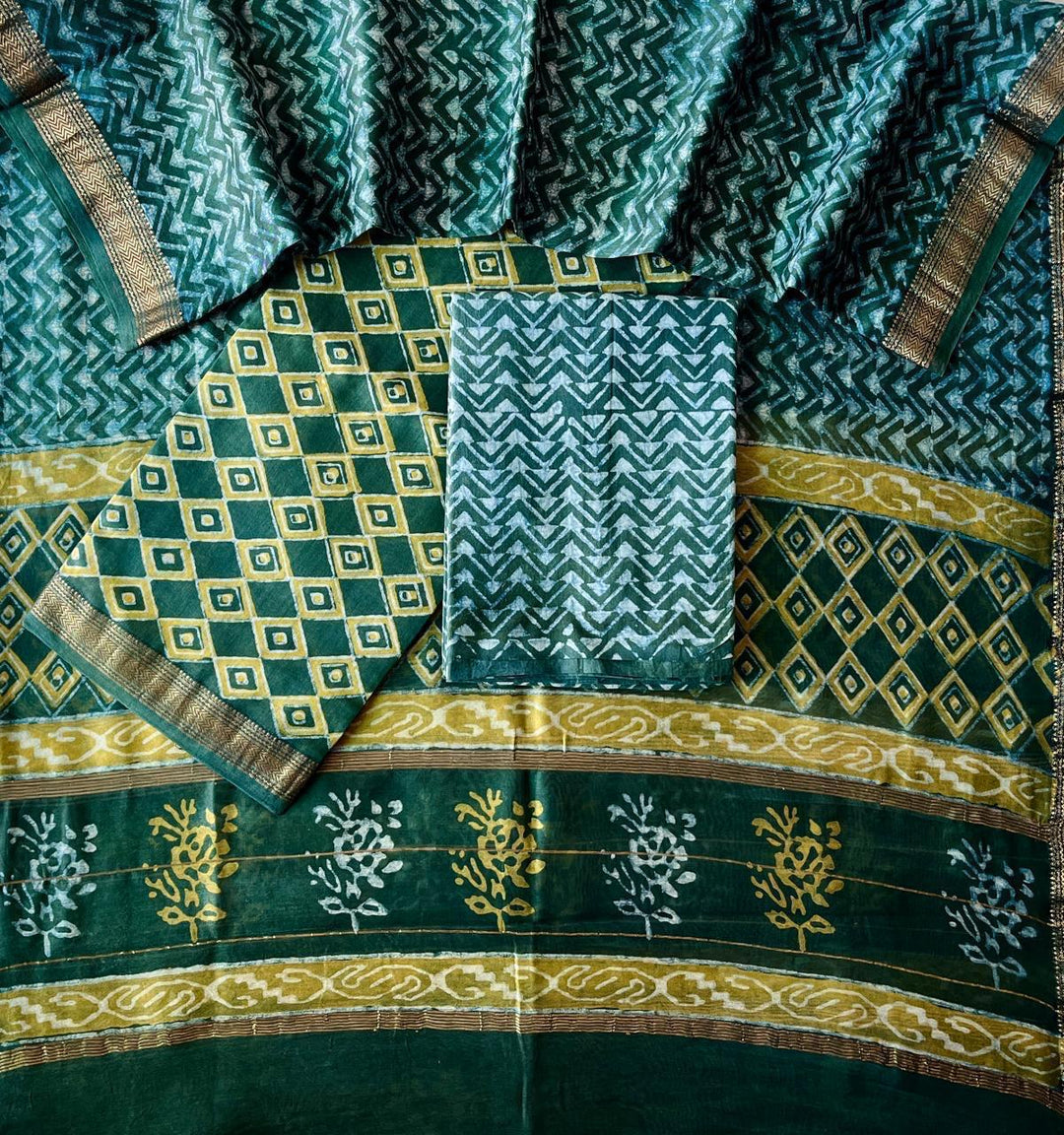 Pure Maheshwari Silk Hand block print Unstitched Suit.