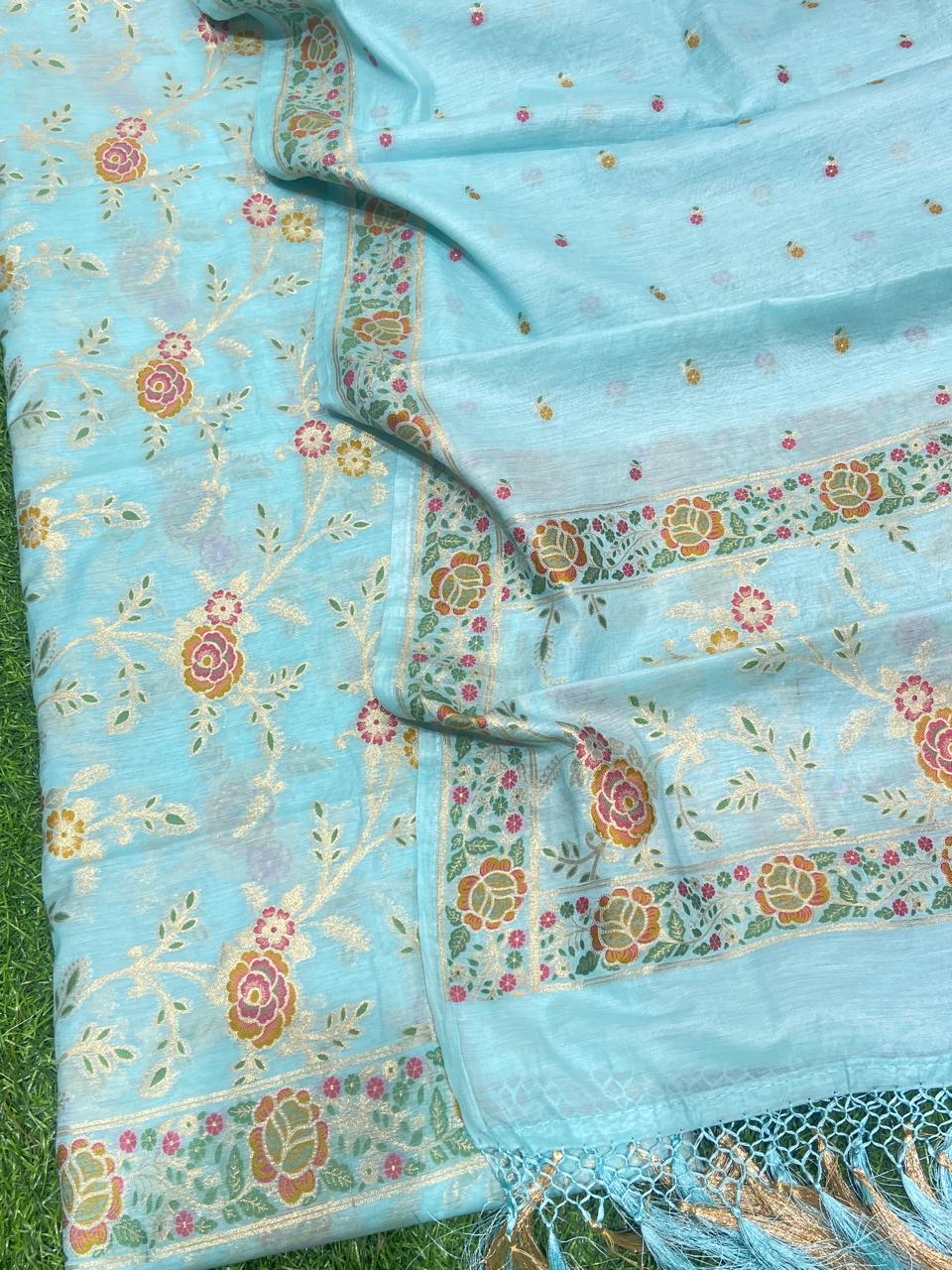 Pure Banarasi Cotton Tilfi Patola Weaved Unstitched Suit With Banarasi Cotton tilfi Dupatta.