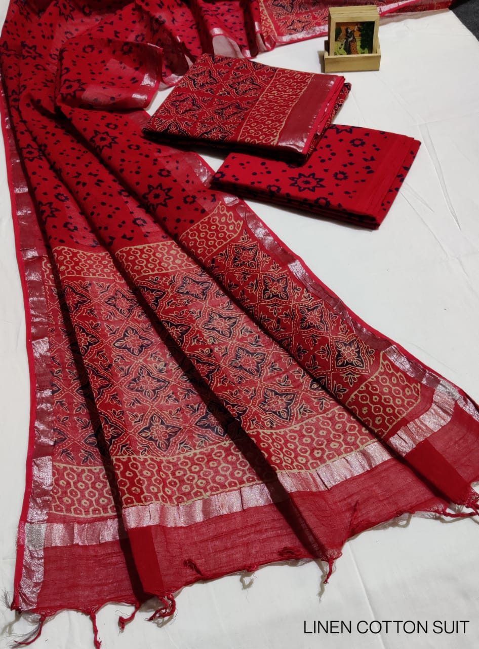 Hand Block Printed Linen Unstitched Suit .