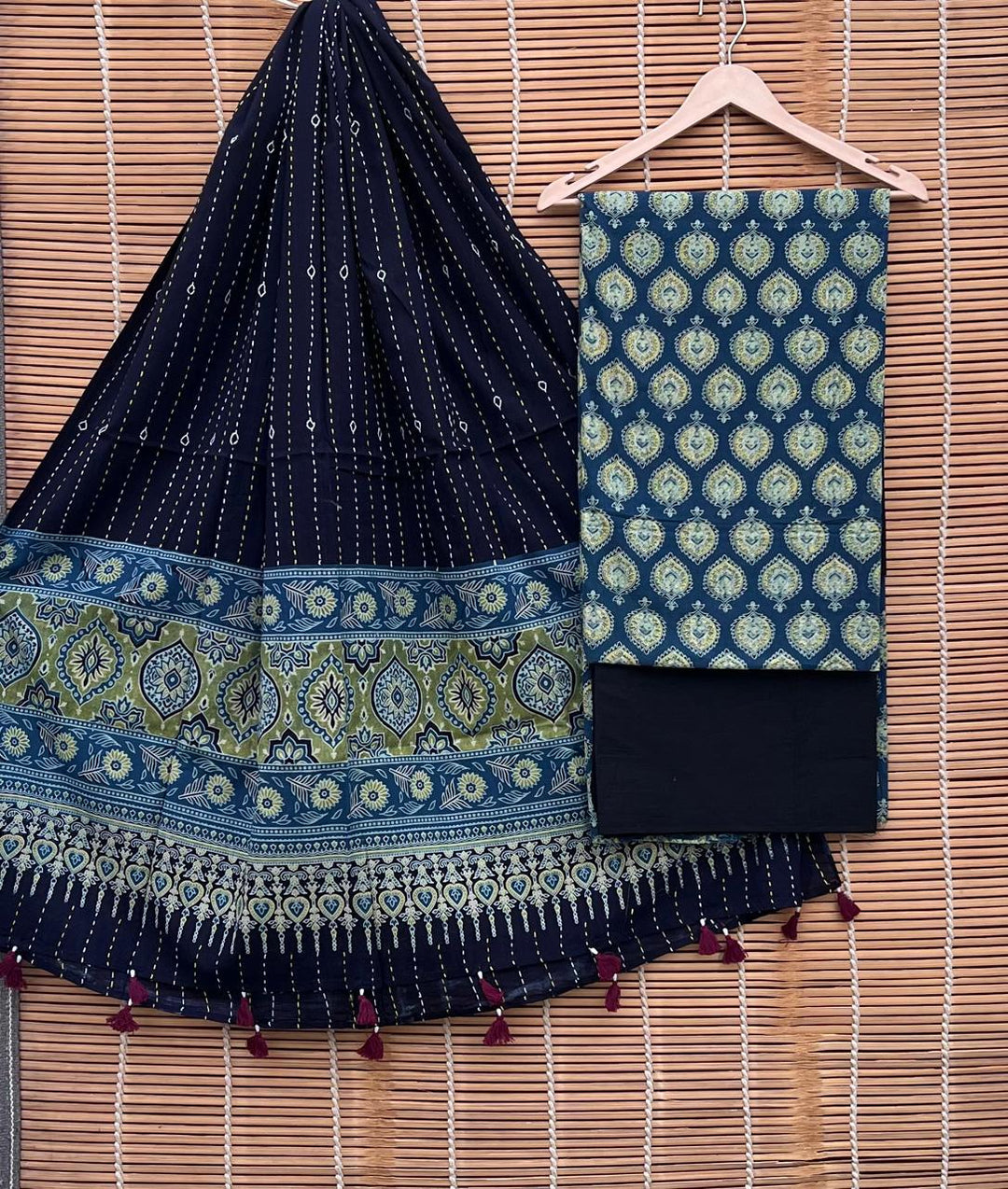 Pure Cotton Azrakh Print Unstitched suit Whit Kantha Work Dupatta.