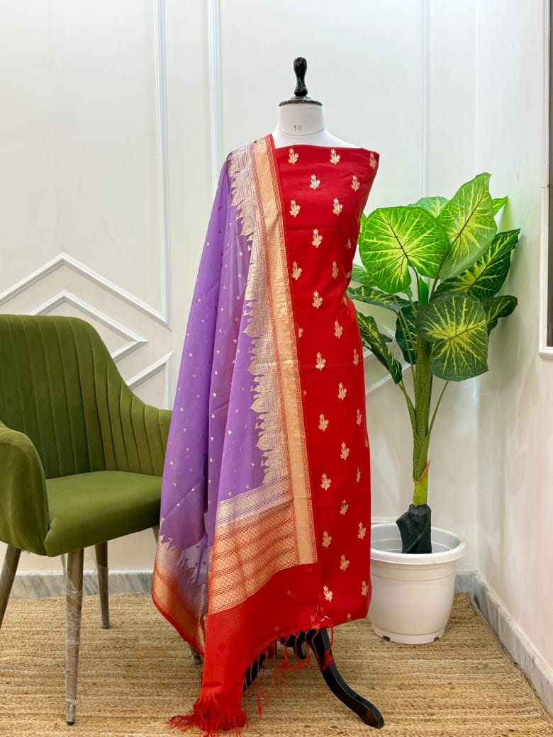 Banarasi Chanderi Lorex Zari Work Unstitched Suit.