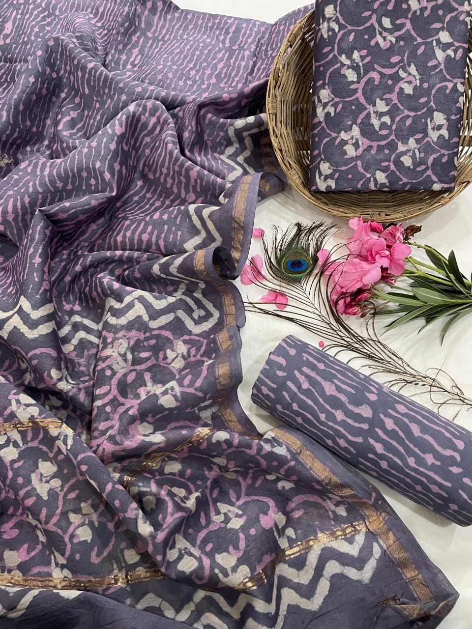 Pure Hand Block Chanderi Silk Unstitched Suit.