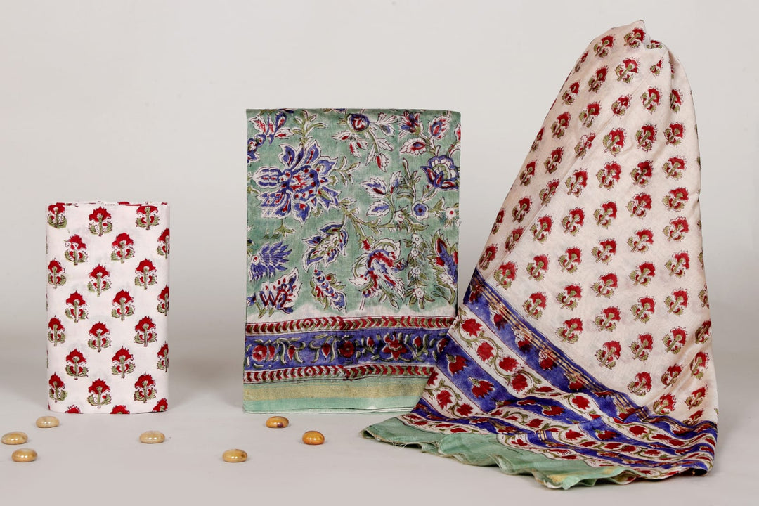 Pure Hand Block Chanderi Silk Unstitched Suit