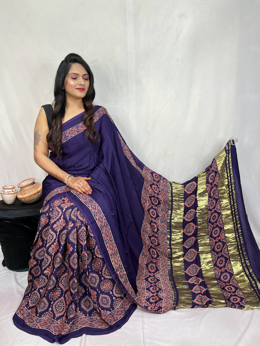 Pure Natural Dyeing Hand Block Print Modal silk saree.