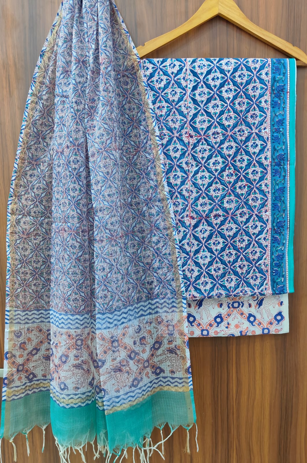 Pure Cotton Hand block print Unstitched Suit with Kota Dupatta.