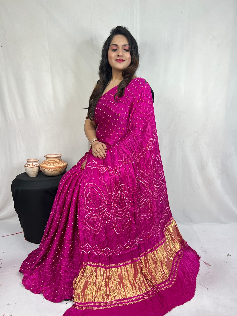 Pure Natural Dyeing Hand Block Bandhej Print Modal silk saree.