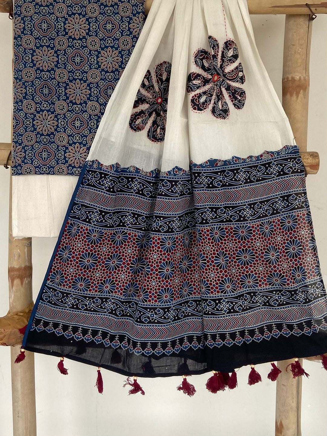 Pure Cotton Azrakh Print Unstitched suit Whit Patch Work Dupatta .