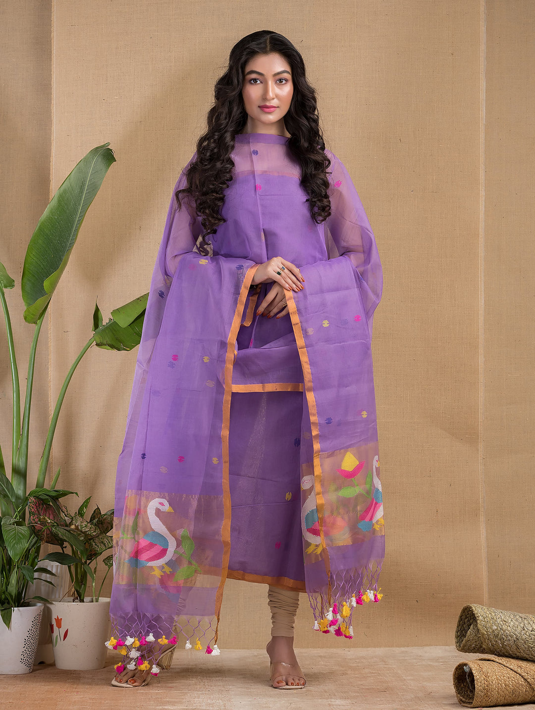 Pure Maslin silk 2PC Jamdani Handwork Unstitched Suit .
