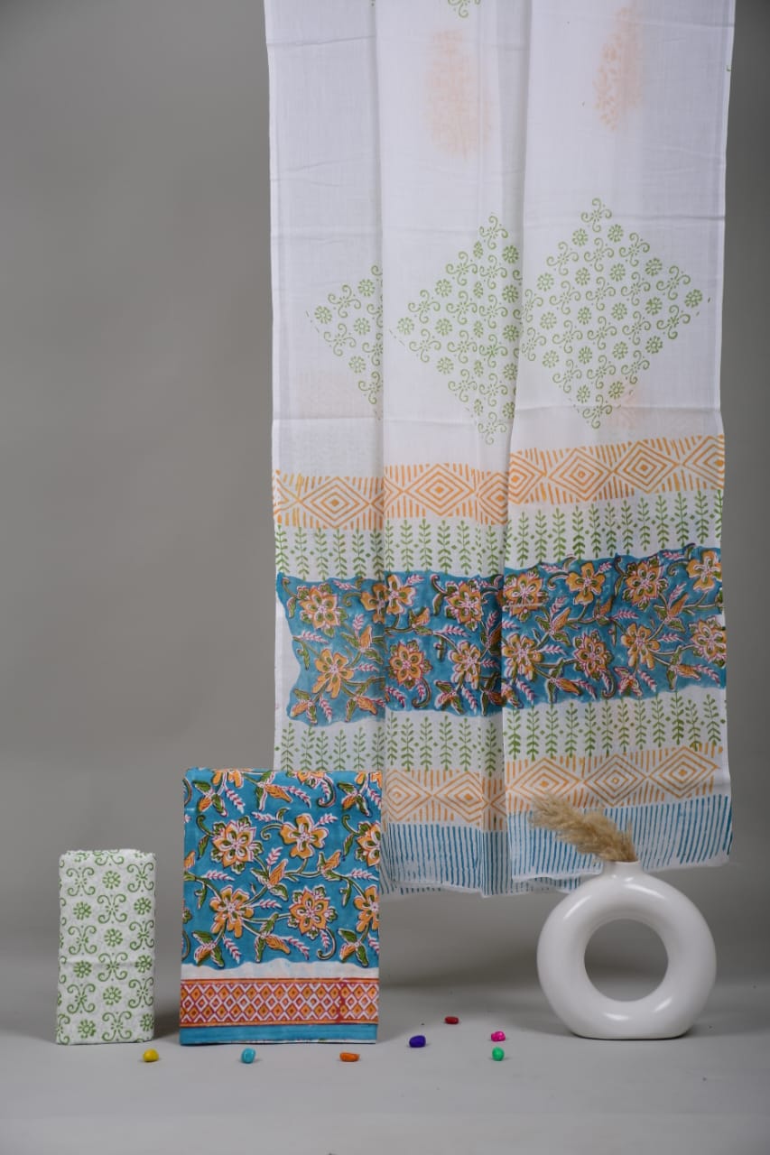 Pure Cotton Hand Block Printed Unstitched Suit Set With Cotton dupatta.