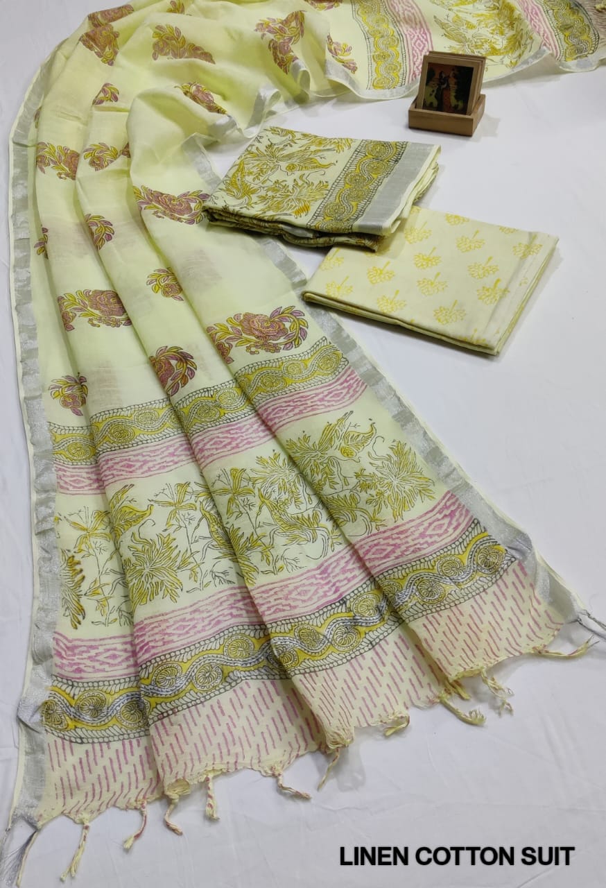 Hand Block Printed Linen Unstitched Suit .