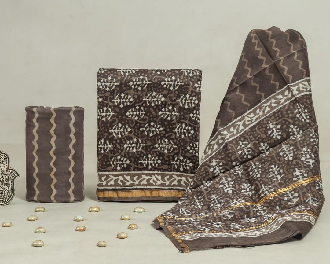 Pure Hand Block Chanderi Silk Unstitched Suit.