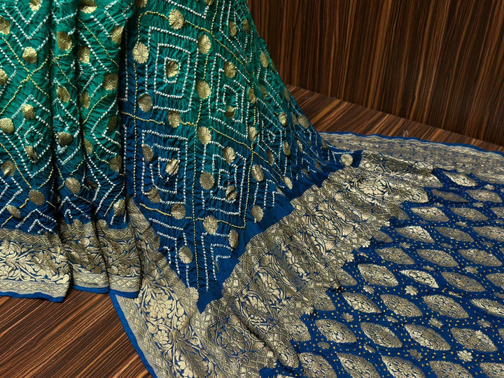 Pure Khaddi Georgette Handloom Neem Zari Work saree With Raiy Bandhej .